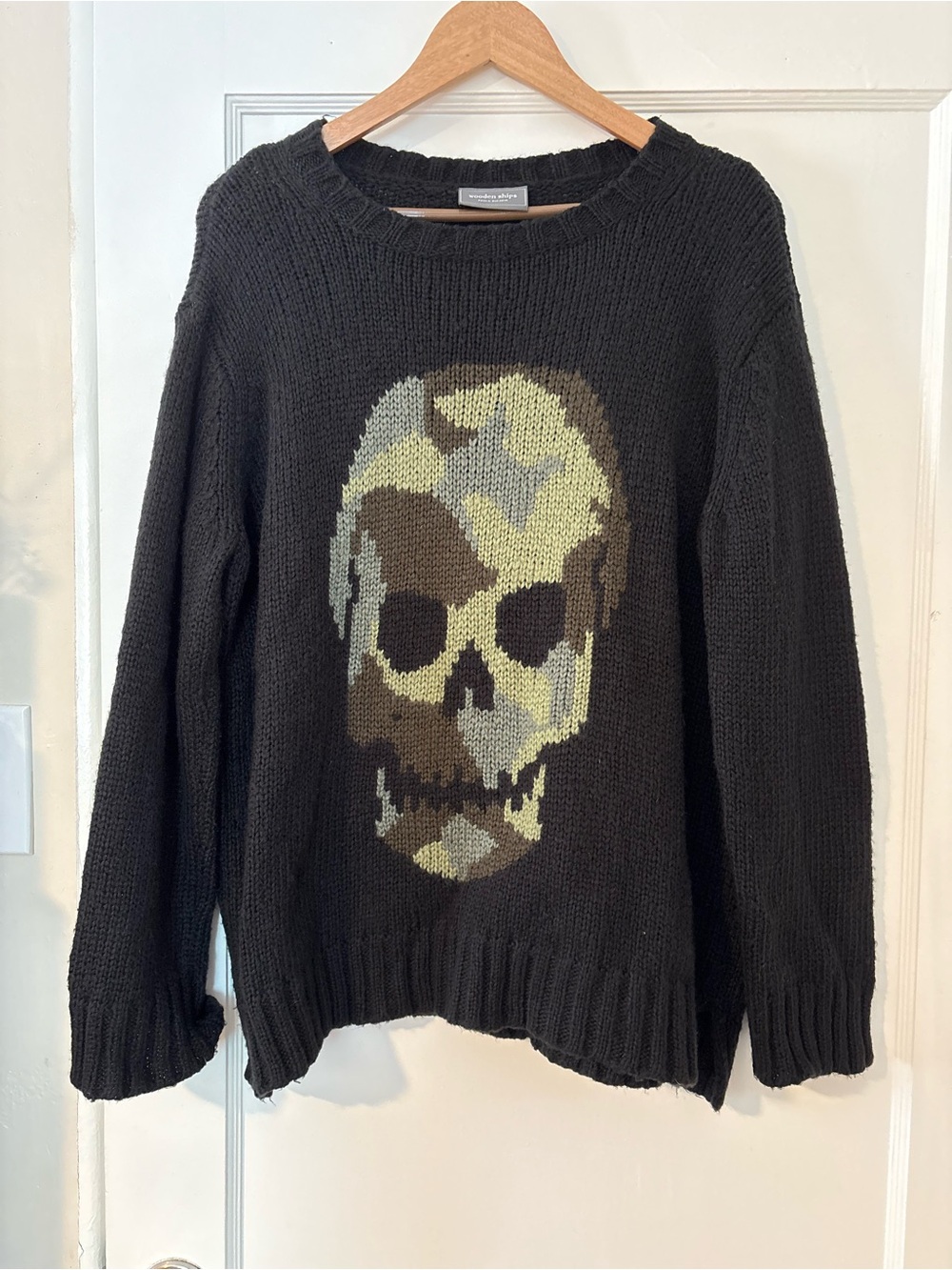 Wooden Ships Camo Skull Crew Chunky Knit Sweater Black/Fatigue Green Size S/M
